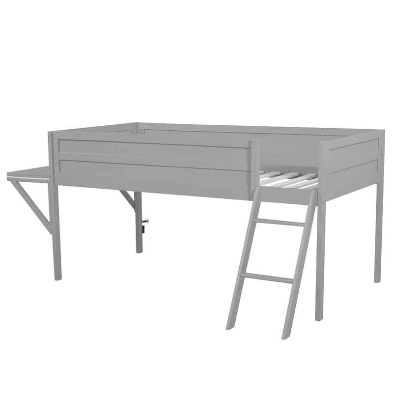 Grey Full Size Wooden Loft Bed with Built-in Gaming Desk, Multi-Color LED Lighting, and Space-Saving Design for Kids and Teens