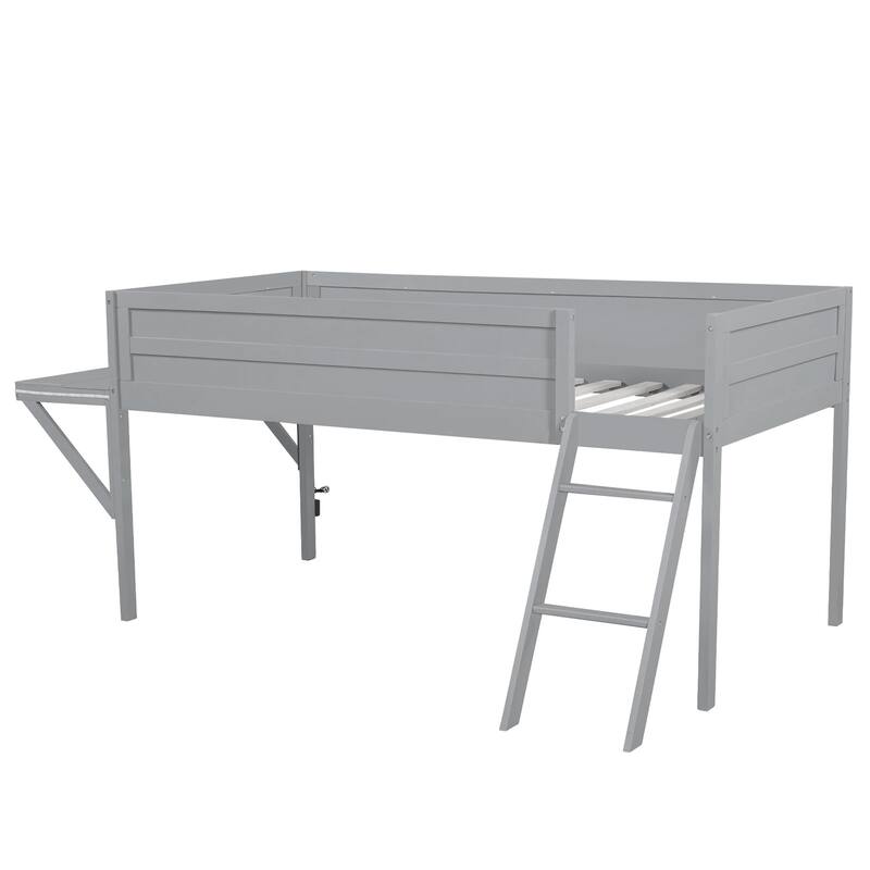 Grey Twin Size Gaming Loft Bed with Integrated Desk and LED Lighting, Storage Space for Consoles
