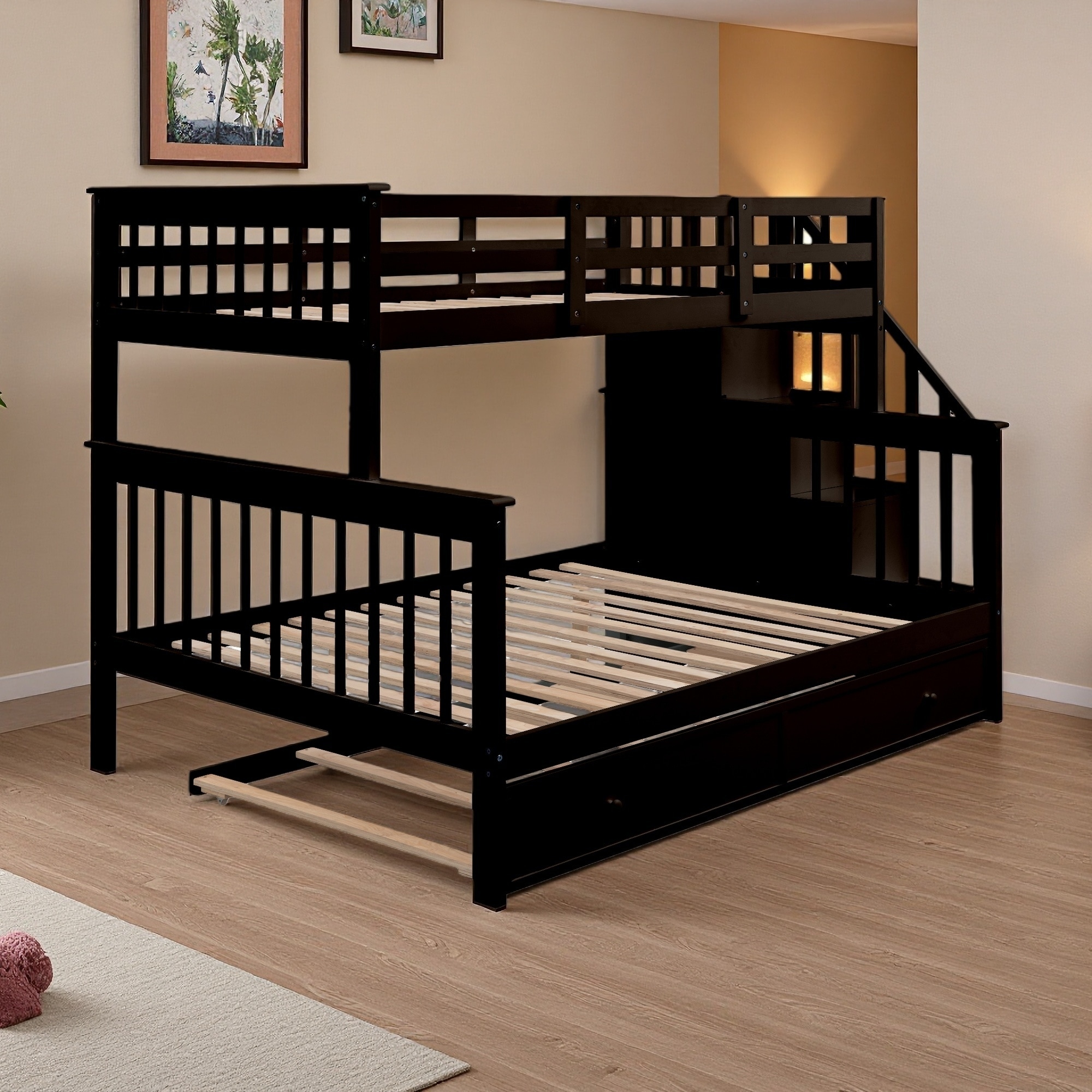 Twin over Full Solid Wood Bunk Bed, Twin Trundle & Storage Staircase