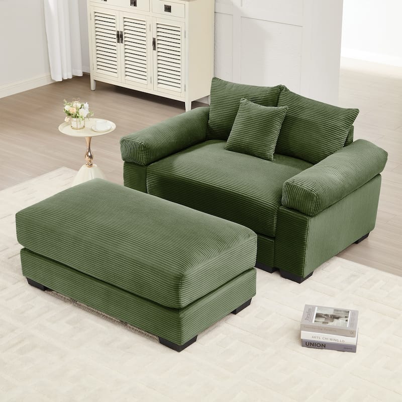 Oversized Accent Armchair with Ottoman, Modern Upholstered Single Sofa Chair, Corduroy Reading Chairs for Bedroom, Living Room - Green