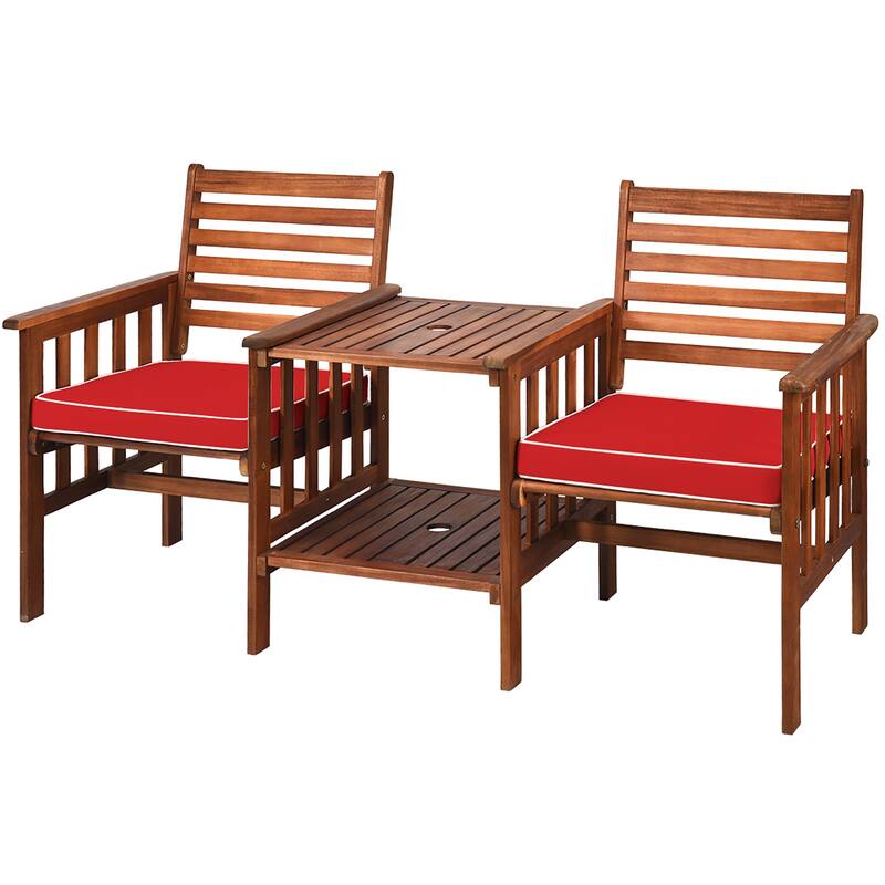 Acacia Wood Loveseat 3-Piece Table Chairs Set Patio Conversation Set - Red