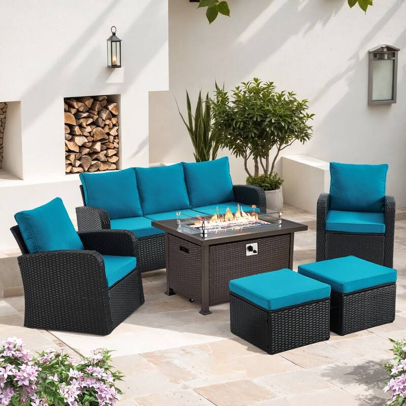 6/7-Piece Rattan Patio Set w/Optional Fire Pit Table – Outdoor Conversation Sectional, Weather-Resistant Wicker Furniture