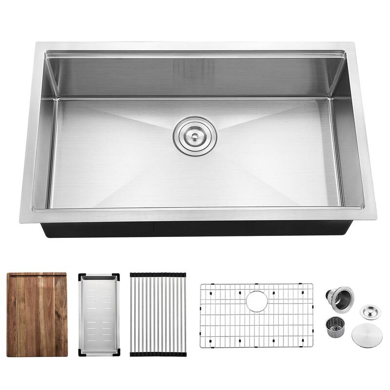 Undermount Handmade Workstation 304 Stainless Steel Kitchen Sink with grid cutting board colander drying rack and Strainer - 32"X19" - Without Faucet