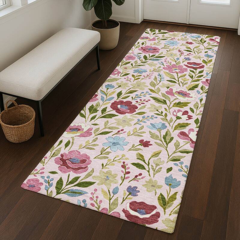 Machine Washable Indoor/ Outdoor Floral Garden Chantille Rug