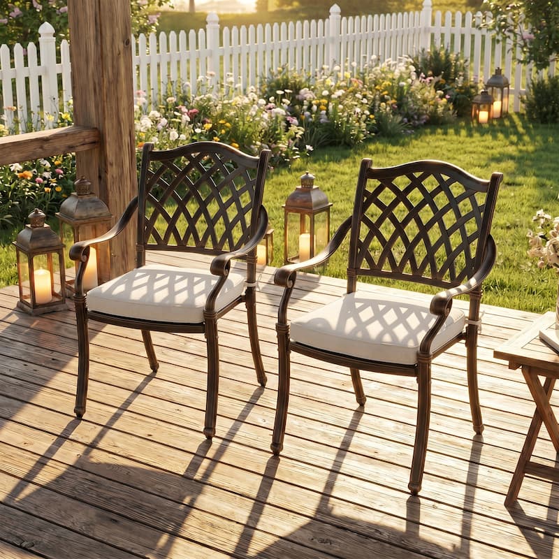 Outdoor Dining Chairs Bronze Cast Aluminum French European Inspired Design with Cushion Set of 2