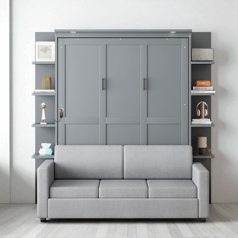 Queen Size Murphy Bed with Sofa, Space-Saving Wall Bed, Easy Pull-Out Design - Grey - Queen