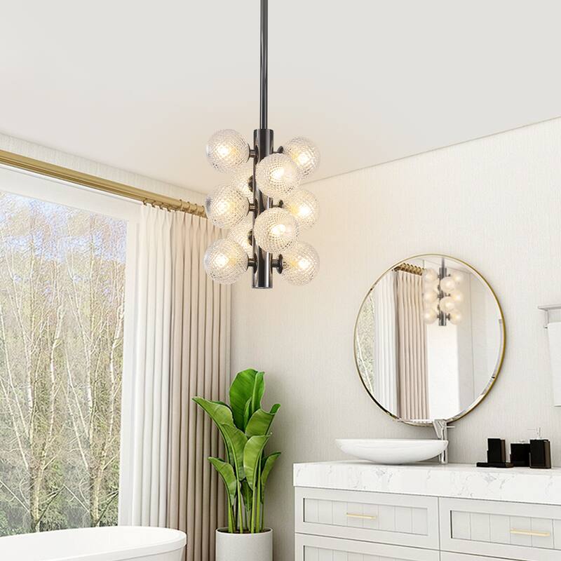 10 Light Sleek Black Metal Chandelier with Transparent Rippled Glass Globes, Adjustable Height - Matte Black