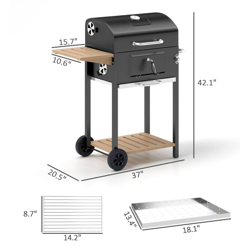 37-Inch Charcoal BBQ Grill with Folding Side Table Adjustable Pan and Thermometer Shelf - 37" W x 20.5" D x 42.1" H