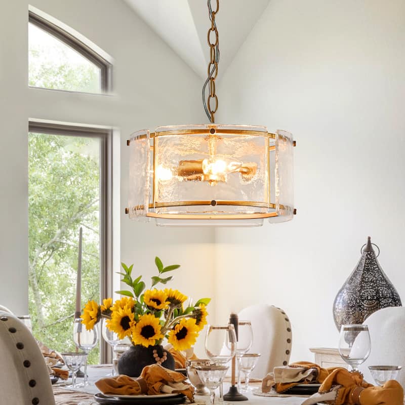 3 - Light Farmhouse Lantern Drum Chandelier with Ripple Glass Shape - W11.8" x H5.9" - Gold