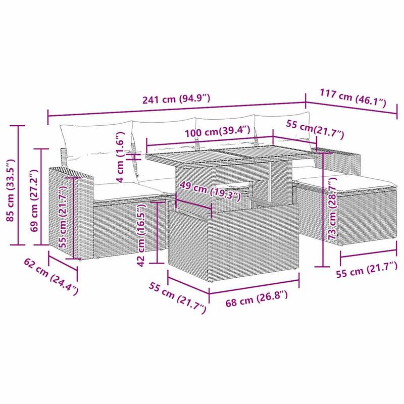 vidaXL Patio Sofa Set with Cushions Modular Outdoor Seating 6 Piece Poly Rattan - 21.7 x 39.4 x 28.7