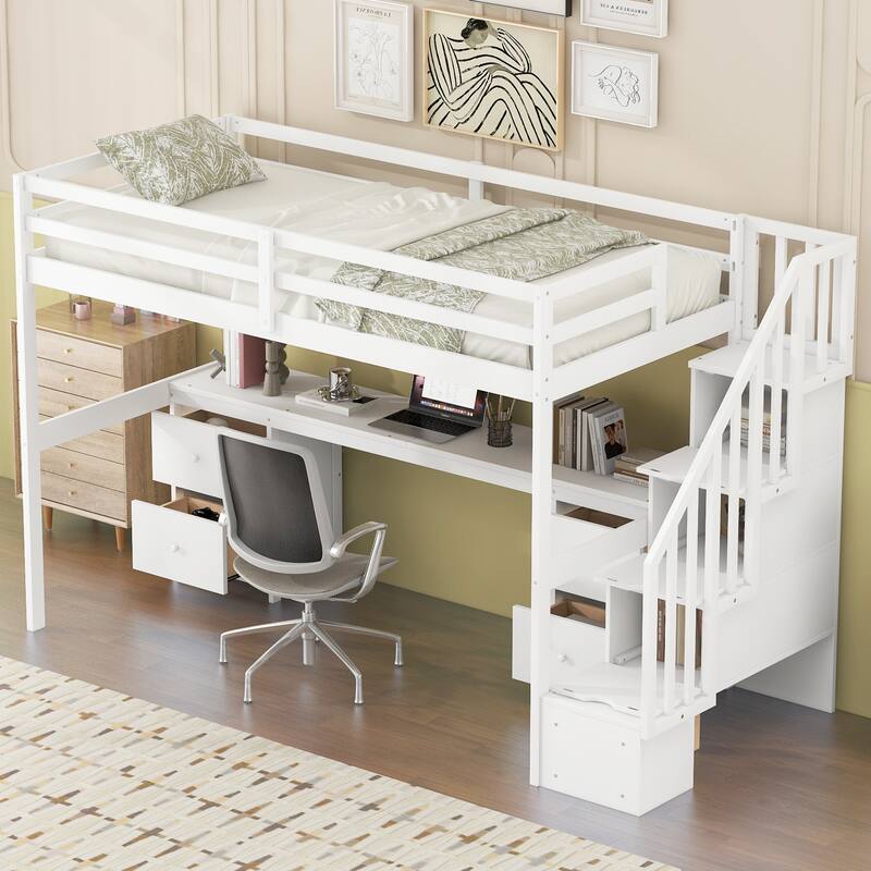 Twin Loft Bed with Built-in Desk and Double Drawers, White