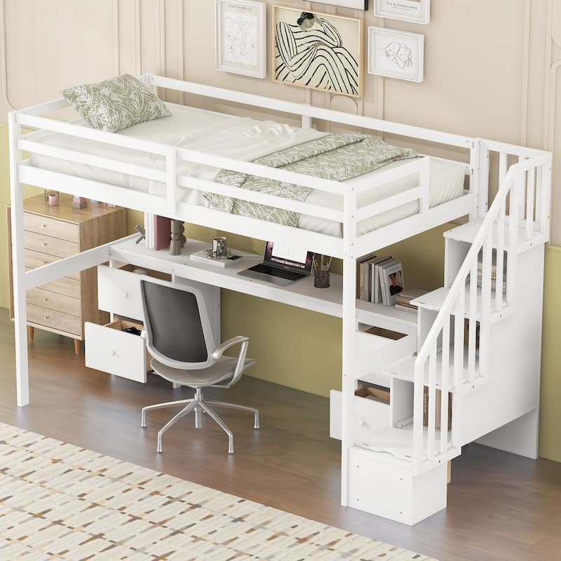 Twin Size Solid Wood Loft Bed with Built-in Desk and Storage Drawers
