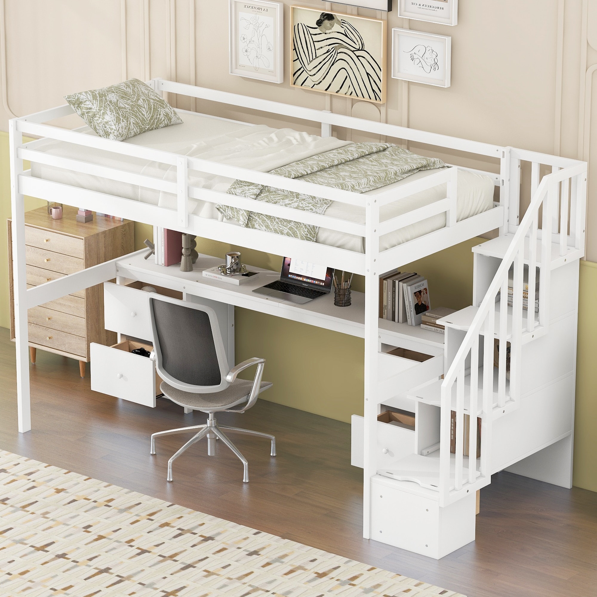 Wooden Twin Size Loft Bed wtih Rectangle Desk Underneath and Double Storage Drawers Side Staircase Built in Storage