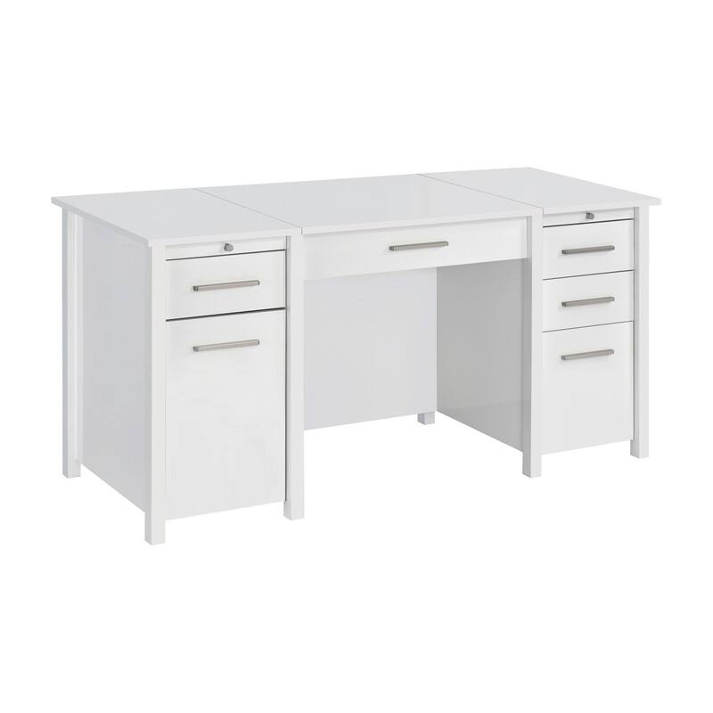 Wim 60 Inch Lift Top Office Desk, 4 Drawers, 2 Pull Out Trays, Glossy White