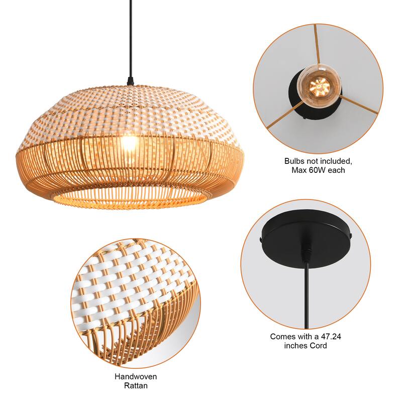 18.9" Boho White Hand Woven Rattan Caged Pendant Light for Kitchen Island, Dining Room and Living Room