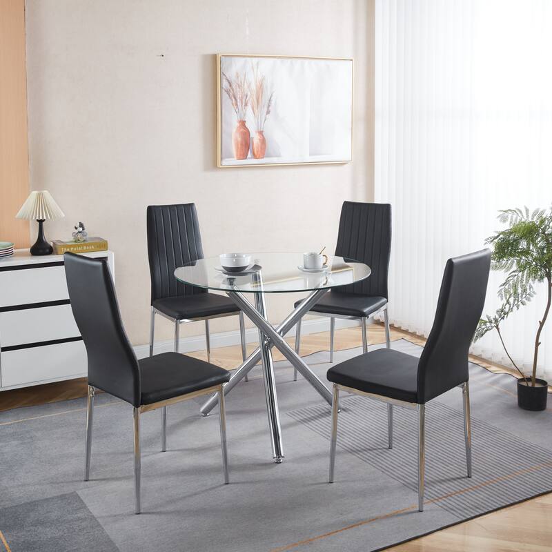 5 Pieces Dining Set, Table Metal Leg Mid-Century Dining Table for 4-6 People with Glass Table Top,Pedestal Dining Table