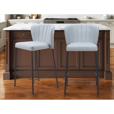 Set of Two 26" Gray And Black Faux Leather And Steel Counter Height Bar Chairs