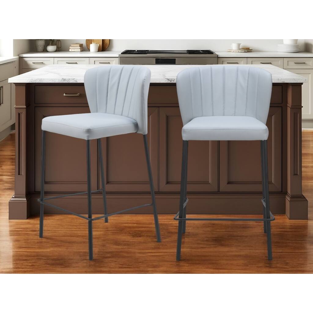 Set of Two 26" Gray And Black Faux Leather And Steel Counter Height Bar Chairs
