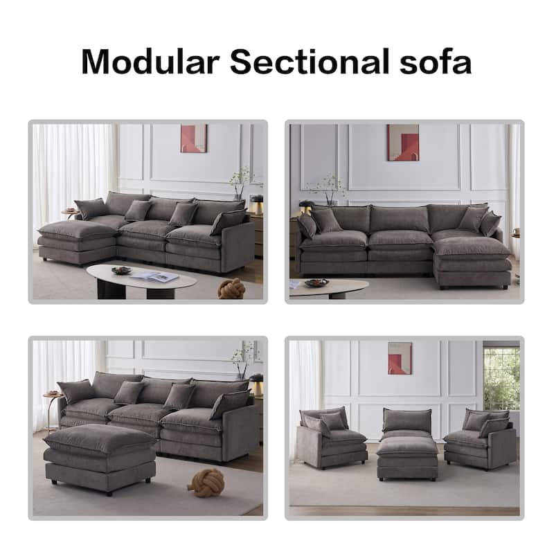 Chenille Upholstered L-shaped Sectional Sofa 3 Seater Modular Couch with Ottoman, Pillows and Double Layer Seat Cushions