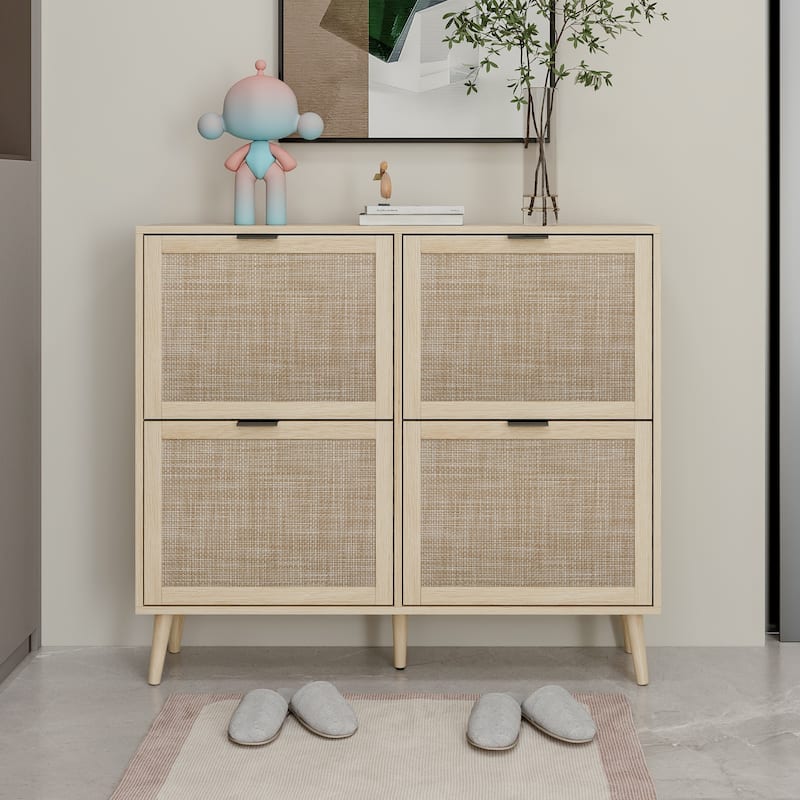 Modern Natural Rattan Shoe Rack Storage Cabinet for Entryway