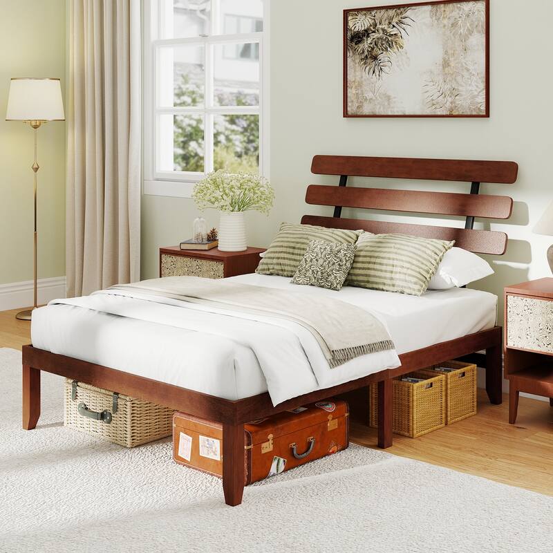 Walnut Solid Rubber Wood Platform Bed with Retro Headboard and Slatted Mattress Base - Multi