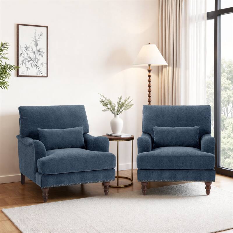 Chenille Accent Chairs with Lumbar Pillows Nailhead (Set of 2)