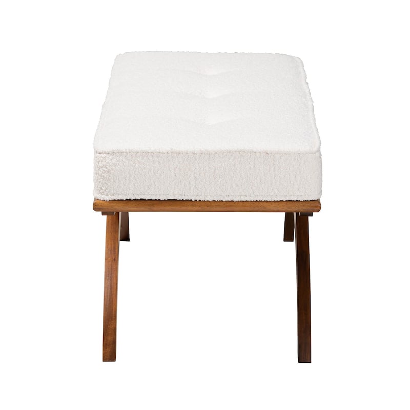 Orella Japandi Cream Boucle Fabric and Walnut Brown Finished Wood Bench