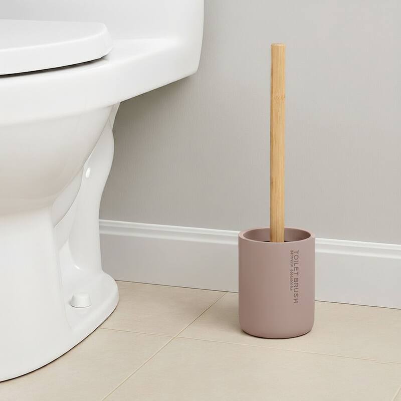 Chic Matte Toilet Brush Holder Set with Natural Bamboo Handle - 4 L x 4 W x 14.8 H - Cappuccino