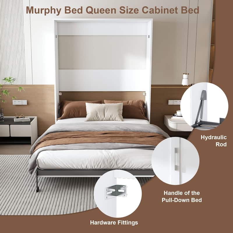 Queen Murphy Bed with 65 Inch Foldable Wall Design, Metal Frame and Solid Wood Slats for Bedrooms and Guest Rooms