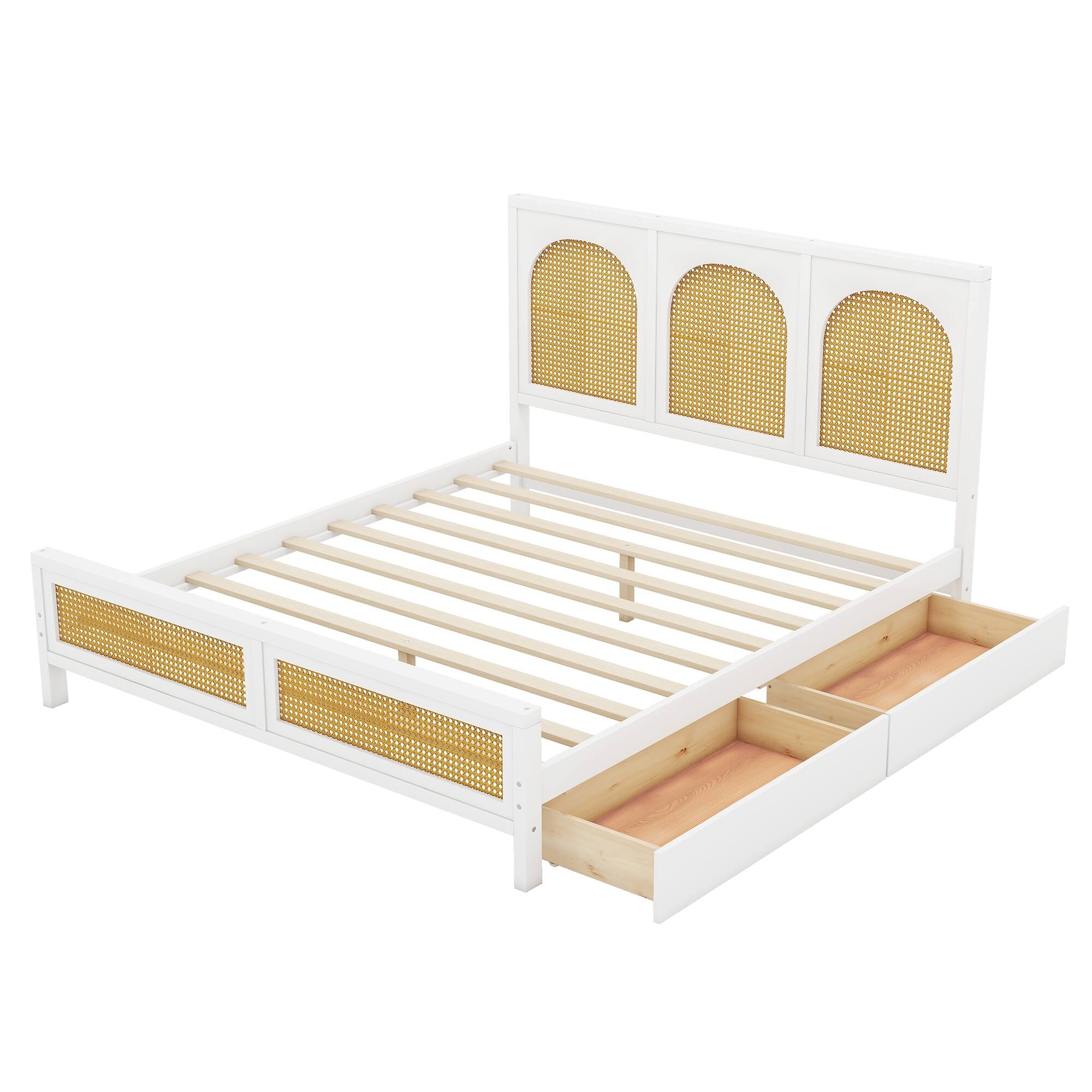 Queen Size Wood Storage Platform Bed with 2 Drawers and Wood Slats, Rattan Headboard and