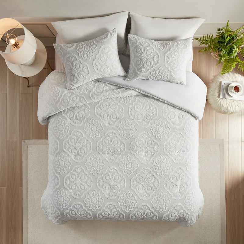Madison Park Maeve 3 Piece Tufted Woven Medallion Duvet Cover Set - Grey/White - King - Cal King