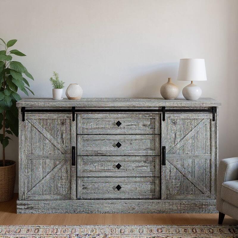 4-Drawers Dresser,with Sliding Barn Doors, 45" - Grey