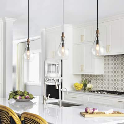 Rustic Farmhouse 1-light Pendant Kitchen Islands Lighting Brown Wood Decor with Seeded Teardrop Glass Shade - D 6'' x H 72''