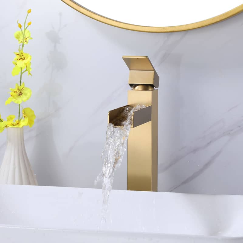 Single Handle Bathroom Vessel Faucet Brushed Gold Bathroom Sink Vessel Faucet One Holes Modern Tall High Basin Vanity Taps