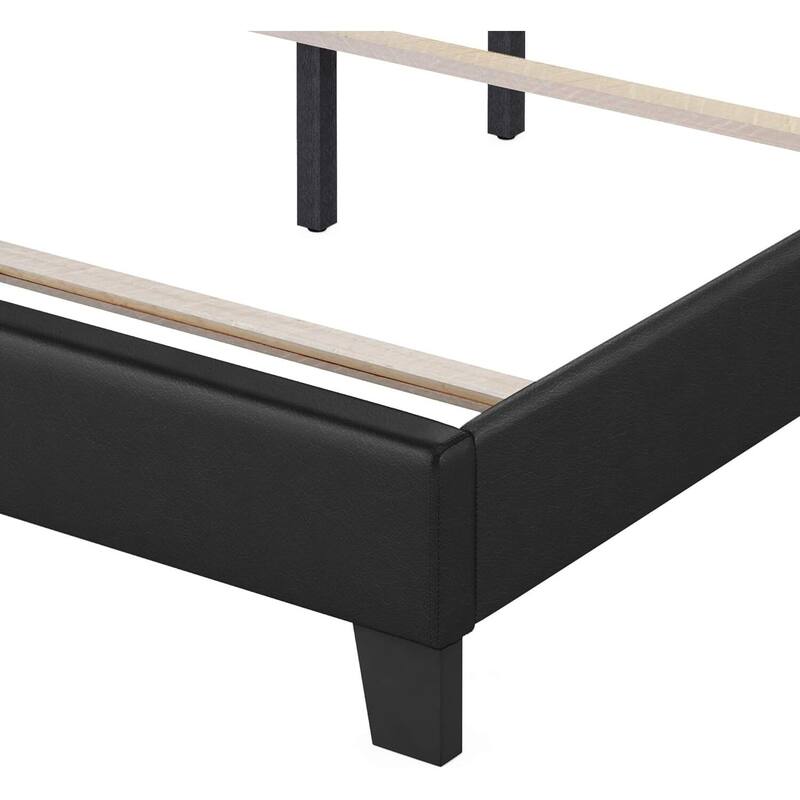 King Bed Frame Upholstered Black PU Leather Platform Bed Modern Glam Style