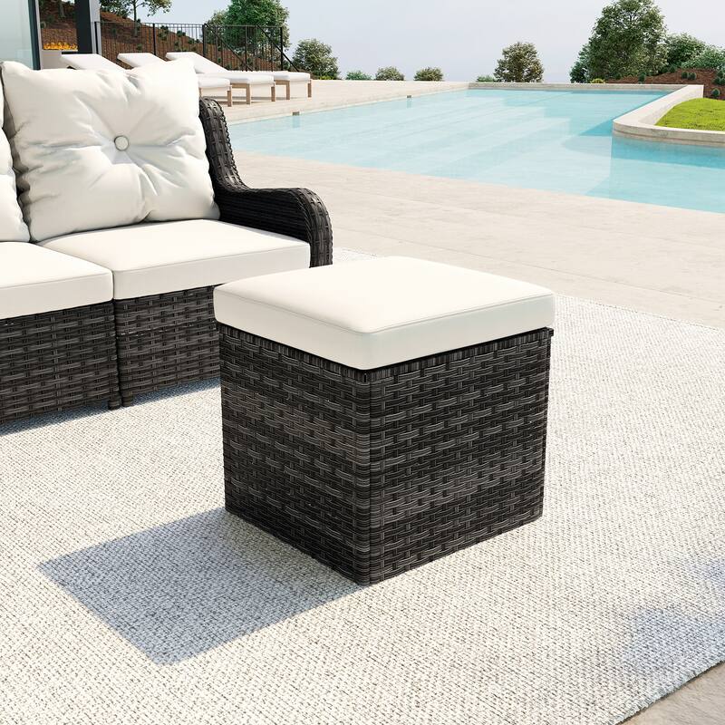 Outdoor 17.7" W Square Rattan Ottoman Patio Ottoman with Seat Cushion