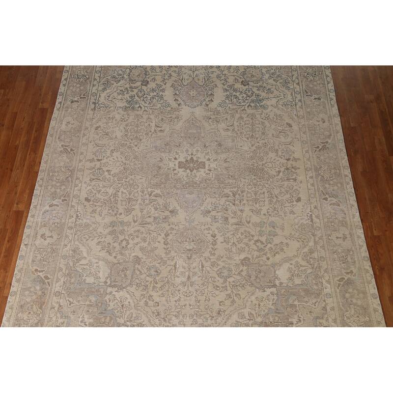 Hand Knotted Oriental 100% Wool Carpet Traditional Floral Beige & Ivories Tabriz Area Rug - 10' 11'' X 8' 1''