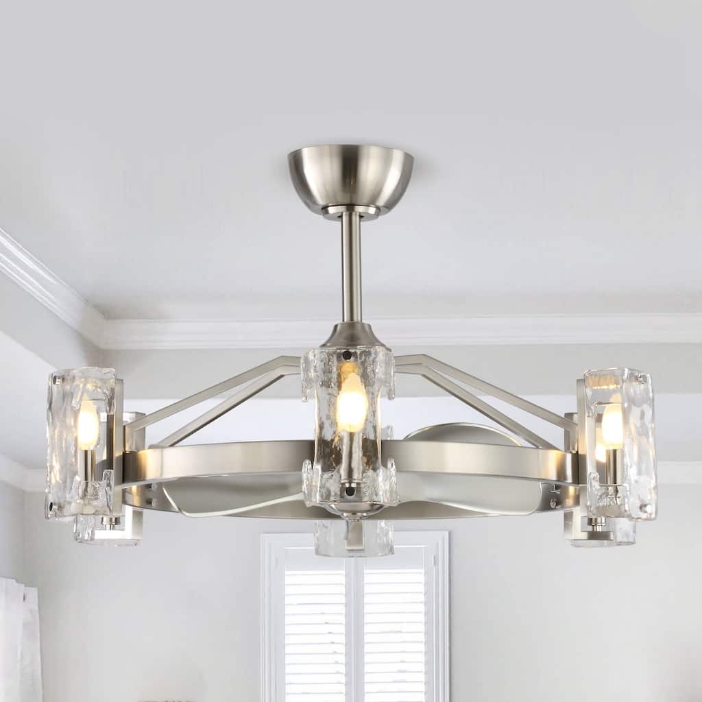 34" LED Indoor Satin Nickel Downrod Mount Chandelier Ceiling Fan with Light and Remote Control - 18.7 inches hight