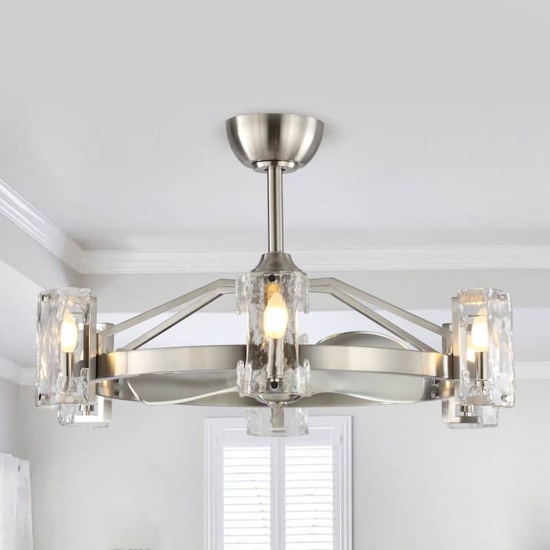34-inch Modern 6-Light 3-Blade Chandelier/Ceiling Fan with Glass Shade - Nickel
