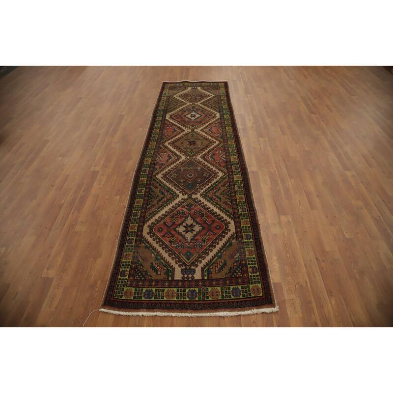 Hand Knotted Oriental 100% Wool Carpet Traditional Geometric Beige & Ivories Heriz Runner Rug - 10' 3'' X 3' 1''