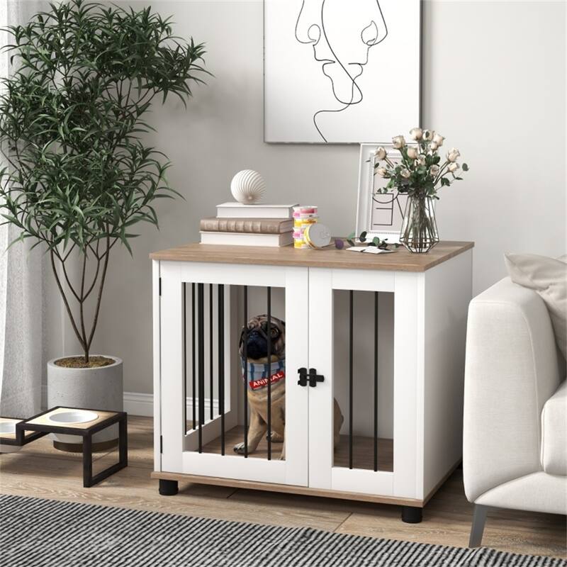 Walnut Brown and White Dog Crate with Front Door Adjustable Feet Woodgrain Finish Side Table Function