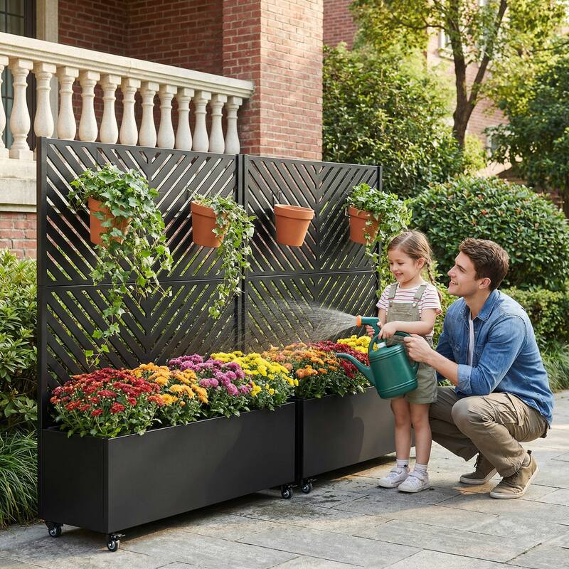 Outdoor Planters Metal Planter Box with Trellis with Wheels(Set of 2)