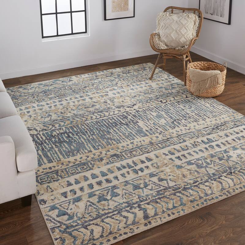 Scottsdale Luxe Hand Knot Abstract Area Rug, Denim Blue/Beige