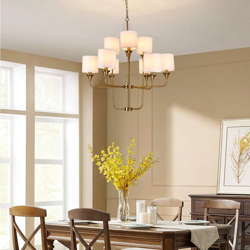 9-Light White Cylinder Shade Chandelier with Adjustable Chain