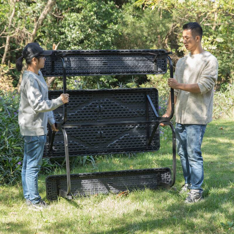 Outdoor Woodgrain Picnic Table Set with Metal Frame, Gray