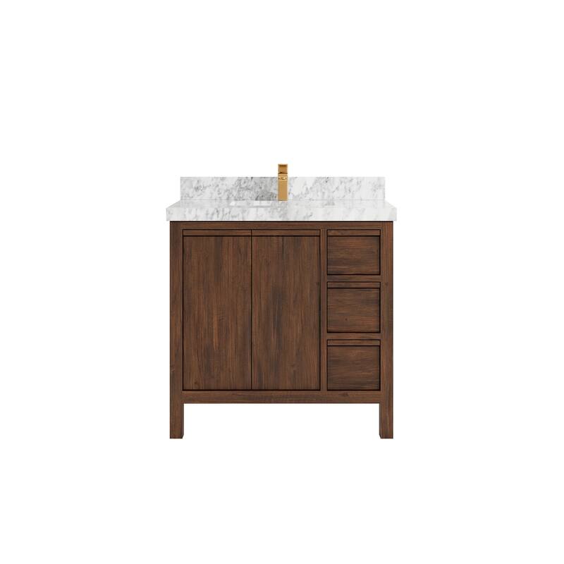 Willow Collections 36 in. W x 22 in. D Elizabeth Solid Teak Wood Center Sink Bathroom Vanity with Countertop - 2" Carrara Marble - Dark Walnut