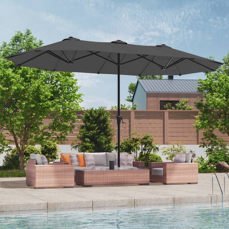 LIVOOSUN 13x7.2Ft Large Double-Sided Rectangular Outdoor Patio Market Umbrella with Crank, Solar Panel, Navy Blue - Anthracite Gray