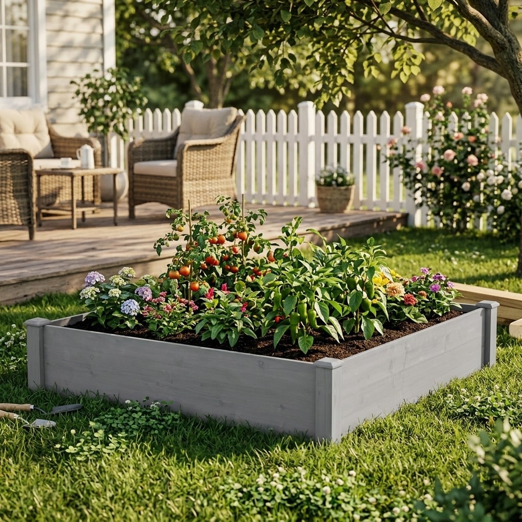 Javlergo 48"x48"x10" Raised Garden Bed Square Outdoor Wood Planter Box Tool-Free Assembly Natural Wood for Vegetables Flowers