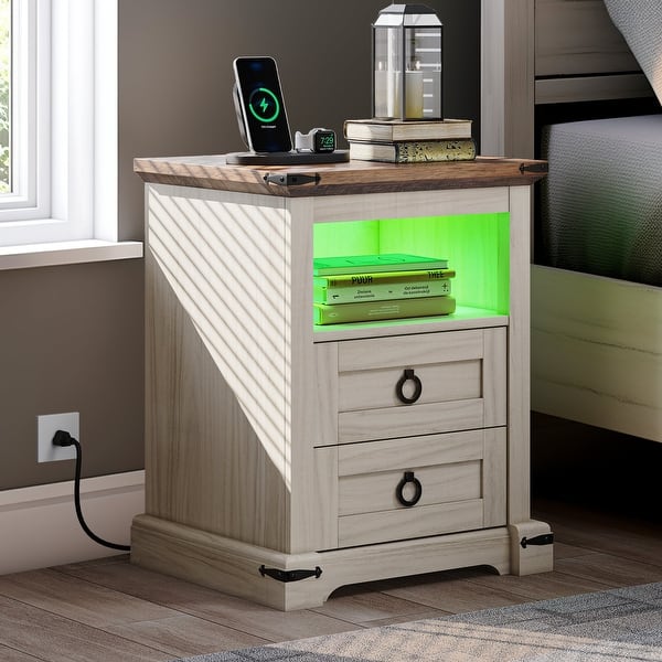 Moasis 2-Drawer LED Nightstand with Charging Station, End Side Table with Open Storage Shelf