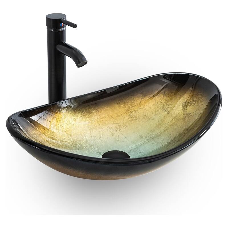 Eclife Modern Bathroom Sink Tempered Glass & Ceramic Artisan Basin for Vanity - Glass champagne boat sink